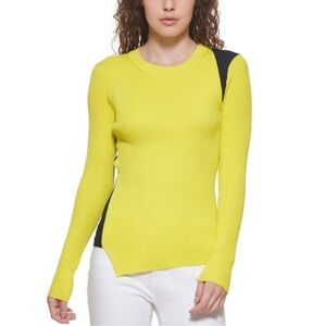 DKNY EUC Ribbed Knit Asymmetric Sweater Size XL Colorblock Stretchy Colorblock